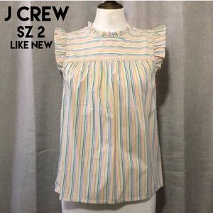 J Crew Cotton Sleeveless Top-Sz 2-Multi Color Stripe-Ruffle Sleeve & Neck-EUC